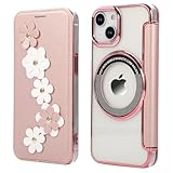 YUYIB スマホケース 対応 iPhone 15 手帳型 MagSafe対応 背面 クリア 透明 高級なPUレザー+TPUパネル 花柄 フラワー 衝撃吸収 軽量薄型 携帯電話カバー ブランド ワイヤレス対応 アイフォン15 手帳型ケース (ローズゴールド, iPhone 15)