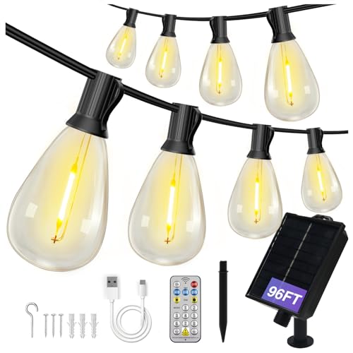 DAYBETTER 96FT Solar String Lights Outdoor Waterproof with Remote & USB Port Dimmable & Timmer,Solar Patio Lights 30+1 LED Shatterproof Bulbs 8 Light Modes,String Lights for Outside Camping Backyard