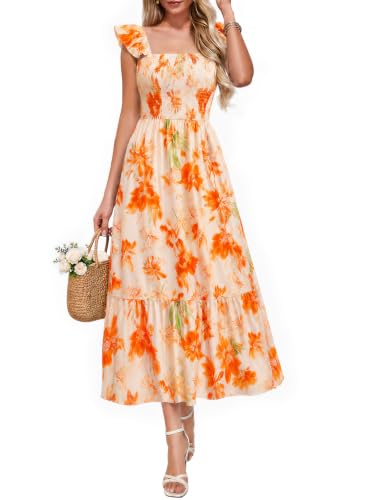 Simplee Womens Summer Floral Sundresses 2026 Sleeveless Casual Smocked Ruffle Spaghetti Strap Boho Maxi Dress Beach Vacation Orange
