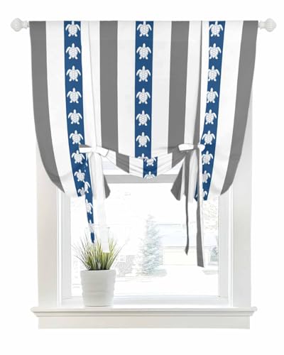 Tie Up Curtains for Windows Retro Marine Turtle Rod Pocket Tie-Up Window Shade Adjustable Balloon Curtain Valance Gray Blue White Stripe for Bedroom Kitchen Bathroom Blinds,42x45in