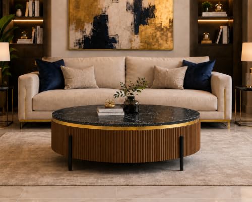 Image of WOODEN SPACE Premium Luxury Nazaara Marble-Top Coffee Table with Iron Legs & PVD Coating | Modern Round Wooden Center Table for Living Room & Entryway (Brown, 36 Inch)