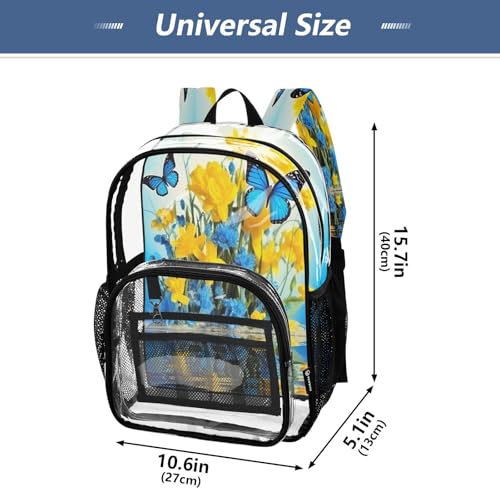 Blue Beautiful Butterflies Clear Backpack - Stadium Approved Large 15.7-inch Waterproof Transparent Bag for Sports, Concerts, Work, Travel#1334