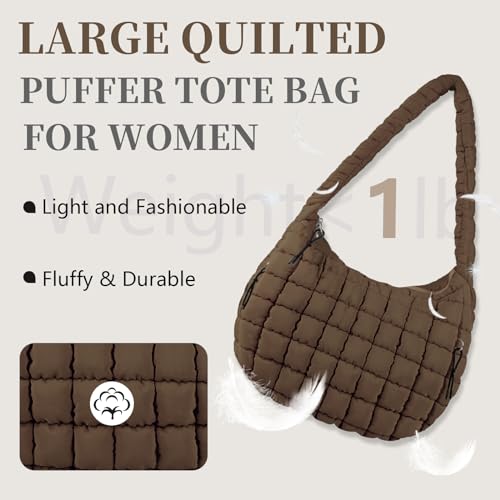 izuzta Quilted Puffer Tote Bag Large Puffy Crossbody Shoulder Bag, Lightweight Soft Nylon Quilted Oversized Padding Hobo Tote Bag Handbags Puff Purse Carryall Gym Bag Trendy Tote for Women(Brown) by izuzta - Image 8