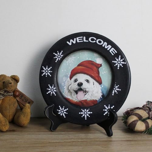 CVHOMEDECO-Welcome-Christmas-Dog-Decorative-Plate-Primitives-Vintage-Round-Display-Wooden-Plate-Home-Decor-Art-9-34-Inch CVHOMEDECO Welcome Christmas Dog Decorative Plate Primitives Vintage Round Display Wooden Plate Home Decor Art 9 34 Inch
