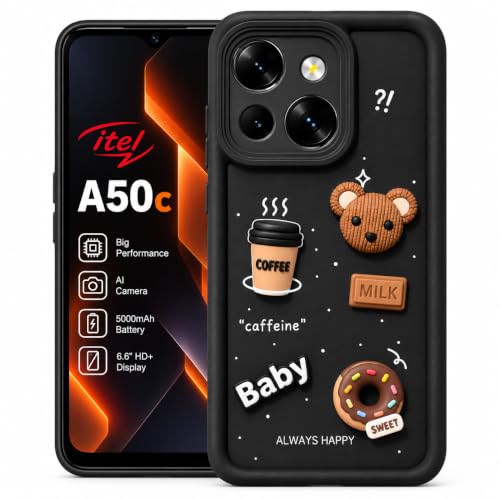 Image of Bintage Back Cover Compatible for Itel A669L / Itel A50C | Cute Fun Ball | 3D Taddy Smiley Coffee | Milk Case | Full Body Protection - Black