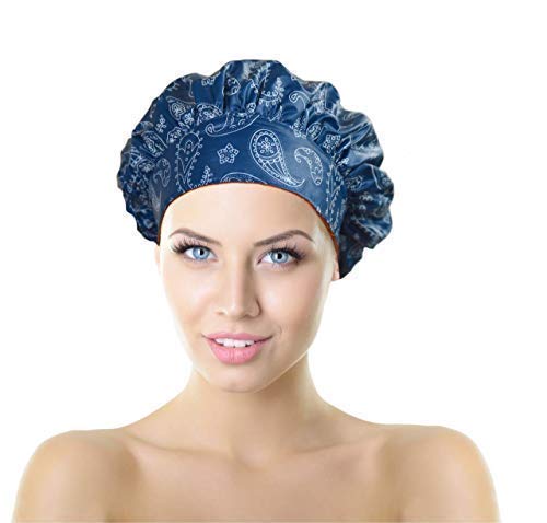 No Pinch TIARA Shower Cap Best Shower Cap in USA Terry Lined Reversible Patented TIARA Shape (Paisley Blue)