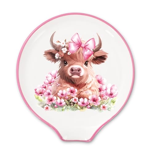 JarThenaAMCS Highland Cow Spoon Rest with Bow Flowers