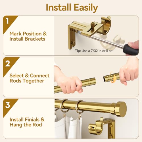 Image of YaFex Curtain Rods 32-57 Inch, Heavy Duty 1 Inch Adjustable Gold Curtain Rod for Windows, Brass Metal Long Window Treatment Rods