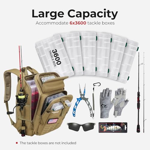 Image of Piscifun Fishing Tackle Backpack with Rod & Gear Holder, Lightweight Outdoor Water-Resistant Fishing Shoulder Storage Bag with Protective Rain Cover, Khaki