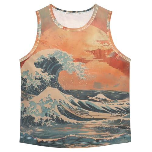 susiyo Vintage Japanese Wave Sunset Boys Sleeveless Tank Top Girls Athletic T Shirt