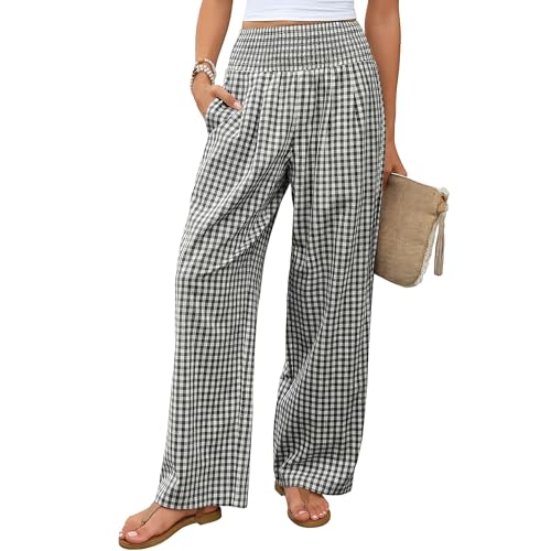 Zilaro Gingham Trousers Women, Lounge Pants Women, Summer Baggy Wide Leg Trousers, Casual Loose Fit Elastic Waist Lightweight Checked Palazzo Pants with Pockets (2XL) Grey