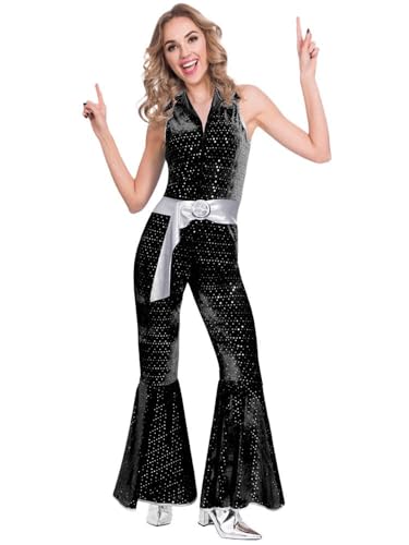 amscan Adult Ladies Black Disco Diva Jumpsuit Fancy Dress Costume, 36-38