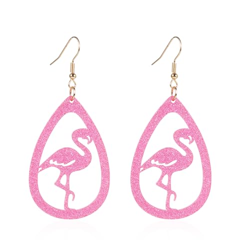 Funny Cute Acrylic Glitter Flamingo Dangle Drop Earrings Lightweight Resin Shiny Pink Love Heart Tape Butterfly Earrings for Women Girlsfriends Her Valentines Day Gifts (A waterdrop flamingo)