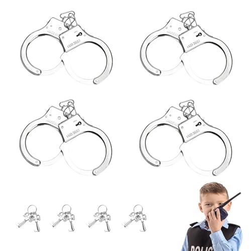 JDCMEI 4 pièce menottes en métal avec clé, Menottes de police pour enfants en métal, Menottes Professionnelles pour accessoires de police cosplay, accessoires de costume, fête d'Halloween