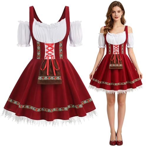 maxToonrain Oktoberfest Outfit Women Off-Shoulder Traditional Bavarnian Short Sleeve Off Shoulders German Beer Maid Costume with Embroidery for Oktoberfest Halloween & Themed Parties (Burgundy L)