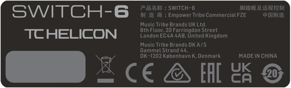 N'okpuru view of the TC-Helicon SWITCH-6 foot controller, showing the product label with model number, manufacturer details, and compliance markings.