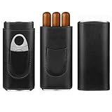 cgaplus 3-Finger Leather Cigar Case with Cutter Cedar Wood Lined Cigar Humidor Portable Travel Cigar Case(Black)