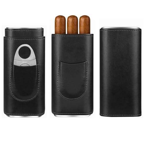 cgaplus 3-Finger Leather Cigar Case with Cutter Cedar Wood Lined Cigar Humidor Portable Travel Cigar Case(Black)