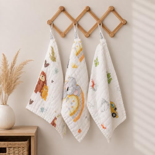 Image of Baby Muslin Wash Cloth Pack of 3, 6 Layer 100% Cotton Muslin Baby Wash Cloth 25 x 25 cm, Ultra Soft Newborn Face Towel, Burp Cloth, Feeding Cloth, Reusable Baby Wipes for Infants (Review)