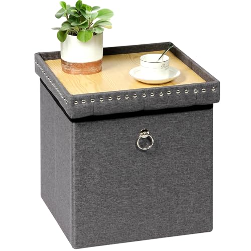 Bonlife Folding Ottoman Storage Box with Tray,Cube Kids Toy Chest with Lid,Grey Linen Footstool with Storage Seat 40X40X40CM Bonlife Folding Ottoman Storage Box with Tray,Cube Kids Toy Chest with Lid,Grey Linen Footstool with Storage Seat 40X40X40CM