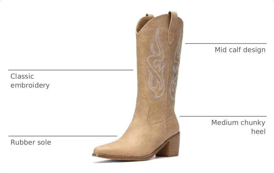 Image of Pasuot Cowboy Boots for Women - Cowgirl Western Mid Calf Boots with Embroidery, Pointed Toe Retro Chunky Heel Slip On Fashion Classic Short Boots Pull On for Ladies Summer Fall