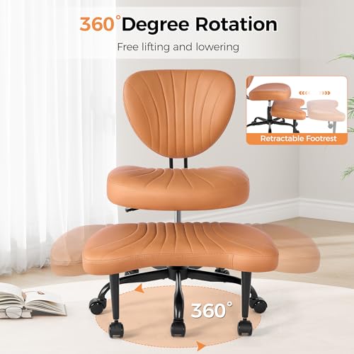 Image of Cross Legged Office Chair, Ergonomic Criss Cross Chair with Wheels, 360 Swivel Height-Adjustable Meditation Chair for Yoga & ADHD, Wide Kneeling Chair with Strong Lumbar Support (Brown) BPY01Z