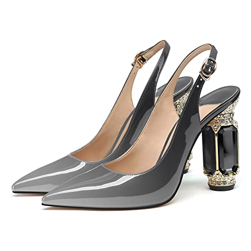 Image of JANSEVEN Women Chunky Heels Pumps Crystal Block Heels with Rhinestones Pointed Toe Sexy Gradient Patent Leather Slip on Bridal Party Wedding Dress Shoes 5-13 M US