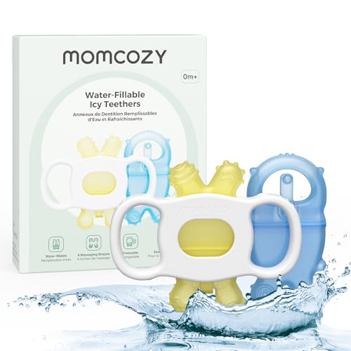 Image of Momcozy Baby Teether Toys, Water Fillable Silicone Cold Teether, Baby Teething Toys Chill Teether, Baby Toys for Teething Relief 0-12 Months, Blue and Yellow 2 Pcs