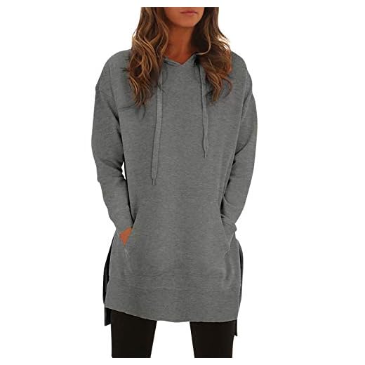 ACHIOOWA Dam casual huvtröjor långärmad broderi solros tryckt tunika sweatshirt dragsko jumper toppar med fickor, Grå, S