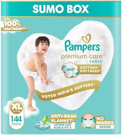 Pampers Premium Care Pant Style Baby Diapers XL 144 Count | No Marks Design | Voted India’s #1 Softest Diaper | All in 1 diaper with 360 Cottony Softness