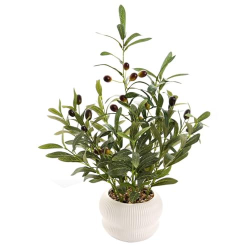 EZBOHO 16.5' Artificial Olive Plant with Fruits in White Ribbed Ceramic Pot Lifelike Faux Potted...