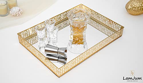 Image of LamJum Metal and Glass Serving Tray - Large, Gold, 35L x 25W x 5H Centimeters