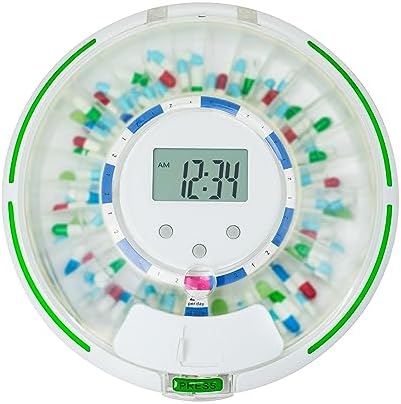 EZILIFE Automatic Pill Dispenser with Flashing Light, Sound, Alarm and Safety Lock, 28-Day Electronic Medication Organizer – Dispense Vitamins and Tablets Up 6 Times/Day – Easy Read Display (Frosted)