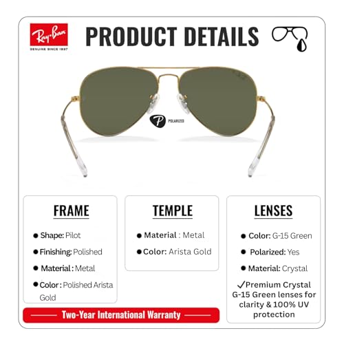 Image of Ray-Ban RB3025 CLASSIC AVIATOR POLARIZED Sunglasses for Men & Women with Official Eyewear Kit