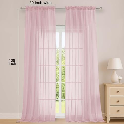 Image of OWENIE Sheer Blush Curtains 108 Inches Long for Living Room Bedroom 2 Panels Set, Lightweight Airy Blush Sheer Curtain, Filmy Voile Rod Pocket, 2 PCS, Each 59 inch W x 108 inch L