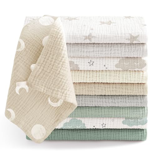 Bearmoss10 Stück Baby Musselin Waschlappen Moltontücher 100% Baumwolle Weiche Spucktücher Baby,Atmungsaktiv und Extrem Saugfähig Musselin Tuch für Saugstark Mulltücher 25 x25cm(GrauGrün)