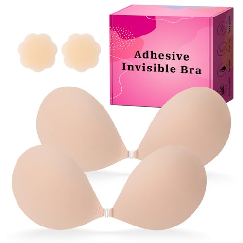 Image of Invisible Strapless Sticky Bra Push up for Women, Adhesive Bra for Backless Dress, Silicone Cleavage Lift with Nipple Covers Cream+Creme A Cup