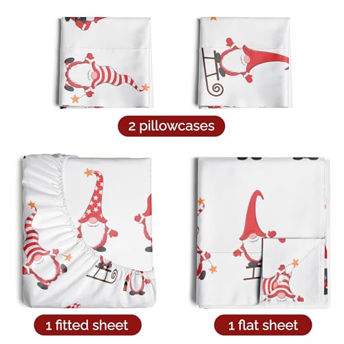 Cal King Christmas Holiday Gnomes Red Sheet Set - Holiday Xmas Pattern Bedding Set - Deep Pockets - Snug Fit - 4 Piece - Wrinkle Free - Cozy Festive Winter Holiday Sheets for Women, Men, Kids & Teens