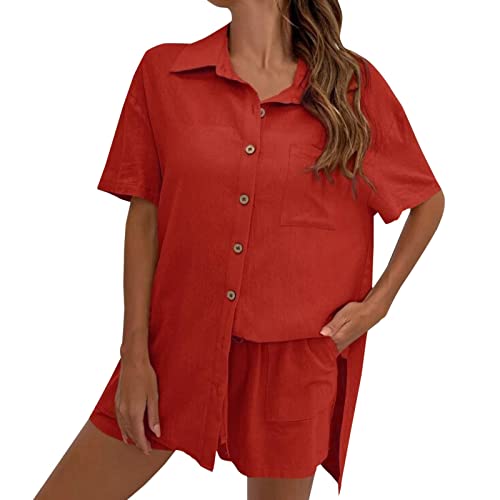 Generisch 2026 Women's Two-Piece Set Shorts Shirt Top for Leisure Holiday in Plain Design, orange, L