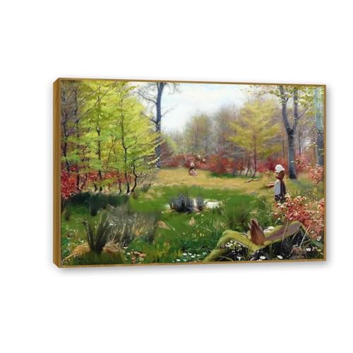 Peinture à l'huile esthétique Brendekilde avec authentique cadre en teck haut de gamme