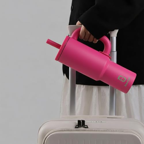 Image of House of Quirk 1200ml Stainless Steel Tumbler with Handle, Straw & Straw Cap | Leakproof Water Bottle | Large Capacity Travel Mug (Fuchsia Pink)