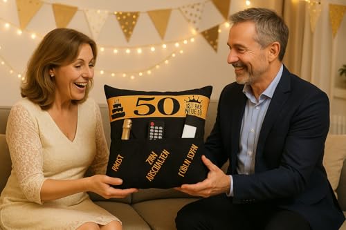 KAMACA Originelles Dekokissen Kissen mit 3 Taschen zum selber Befüllen Größe 43x43 cm tolles Geschenkzum runden Geburtstag (50. Geburtstag)