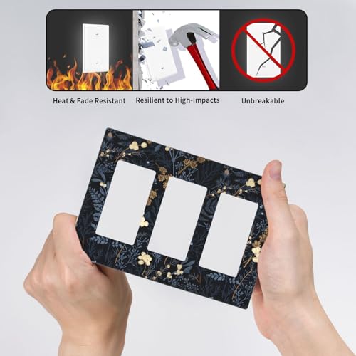 Decorative Outlet Covers Rustic Navy Dark Blue Leaves Golden Floral 3 Gang Outlet Cover Wall Plate Triple Rocker Light Switch Cover Plate Switch Plate Covers for Bedroom Home Decor