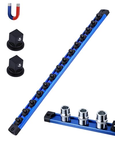HIPULX Magnetic Socket Rail 3/8 Socket Organizer Mix-And-Match Heavy Duty Aluminum 3/8 Socket Rail with 360 Rotatable Clips Magnetic Socket Holder for Tool Box Drawer & Pegboard