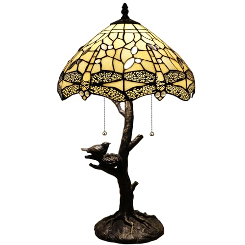Image of 12Inch Tiffany Stained Glass LampShade Replacement Only (Cream Dragonfly) | Stained Glass Style Lampshade with Cap fit for Table lamp Pendant Light Ceiling Fixture