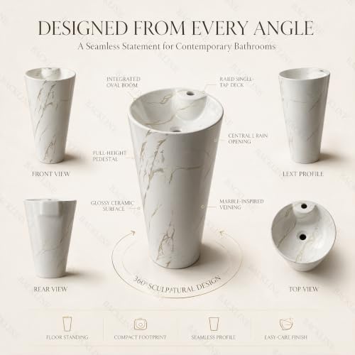 Image of Backline Pedestal Wash Basin| Free Standing Pedestal Basin 7 Years Warranty | One Piece Basin for Bathroom /Office /Living Room /Restaurant (Size - 15 x 15 x 34 Inch) (White Glossy)