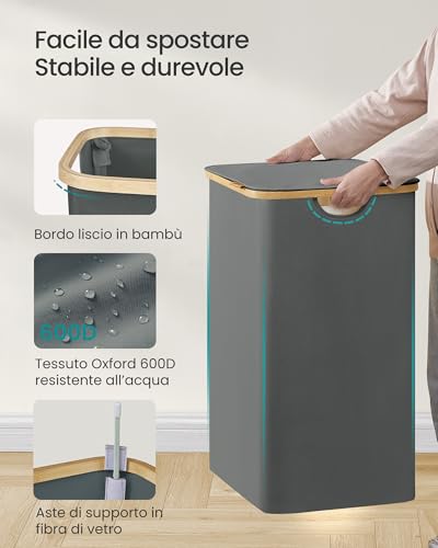 SONGMICS Cesto Portabiancheria con Coperchio, Porta Biancheria a 2 Scomparti Pieghevole, Tessuto Oxford, Telaio in Bambù, Lavanderia, 140 L, 52 x 38,5 x 70,5 cm, Grigio Ardesia LCB519GN01 - Immagine 4