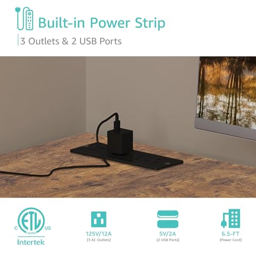 Lufeiya L Shaped Computer Desk with Drawers & Storage Shelves, 63 Inch Corner Desk with Power Outlet for Home Office Bedroom, L-Shaped Teen PC Gaming Desks with Fabric Drawer, Rustic Brown