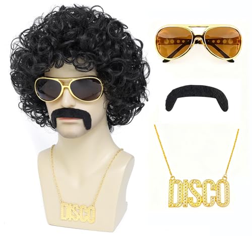 Image of 70s Disco Afro Curly Wig for Men - Short Fluffy Black Synthetic Wig for Halloween, 70s Party, Cosplay, Retro Costume (Black)