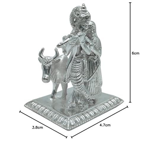 Image of MAA SILVER Pure Silver Radha Krishna BIS Hallmarked Solid Idol /Murti Playing Flute with Cow & Rectangle Base Perfect for Gifting & Pooja Use (925 Purity)(138 Grams Silver)